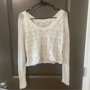 Cream Ribbed Crop Top with Long Sleeves
